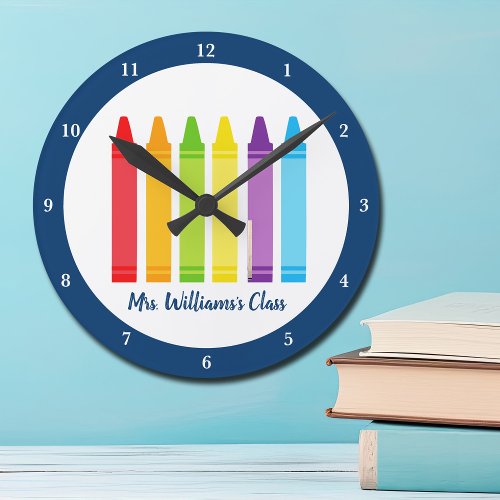 Cute Kindergarten Teacher Custom Crayon Classroom Round Clock