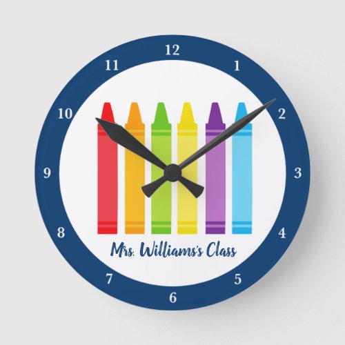 Cute Kindergarten Teacher Custom Crayon Classroom Round Clock