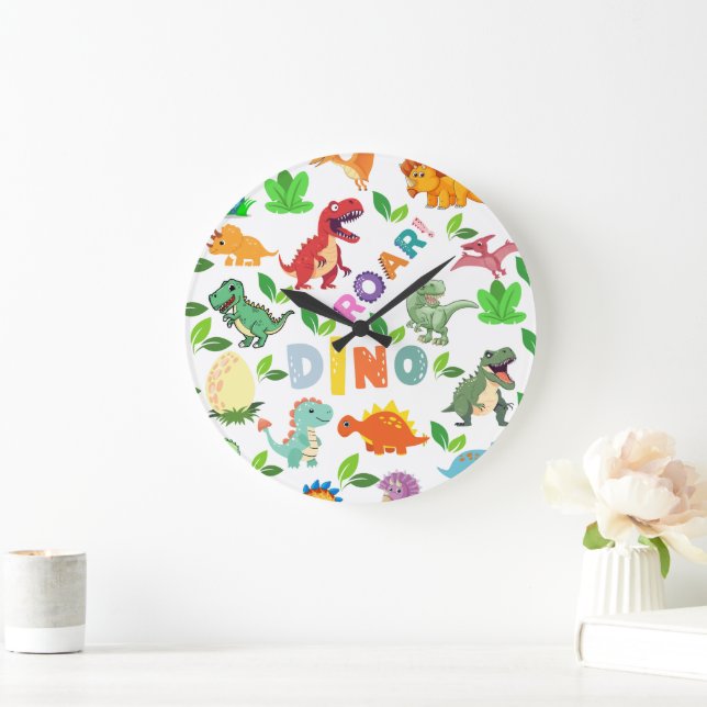 Cute Kinds of Dinosaurs Seamless Large Clock (Home)