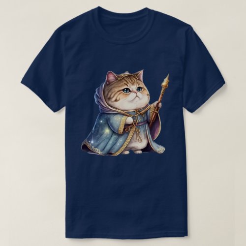 cute king cat wearing a blue coat and gold crown T_Shirt
