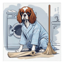 Cute King Charles Spaniel in Pajamas Doing Laundry