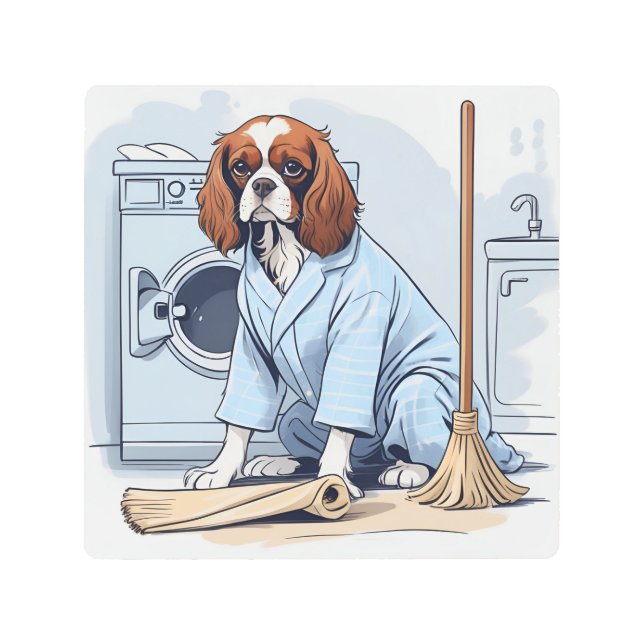Cute King Charles Spaniel in Pajamas Doing Laundry Metal Print (Front)