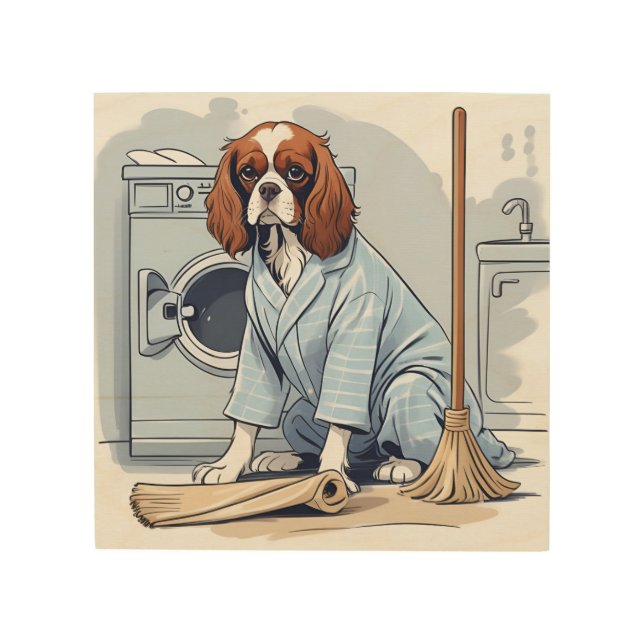 Cute King Charles Spaniel in Pajamas Doing Laundry Wood Wall Art (Front)