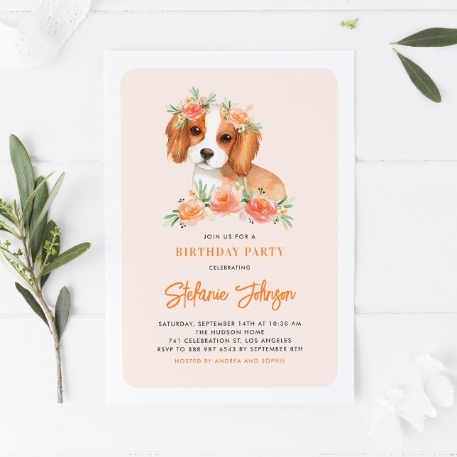 Cute King Charles Spaniel Peach Floral Birthday Invitation (Creator Uploaded)