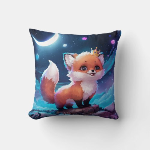 Cute King Fox Enjoying Crescent Moon Light Throw Pillow