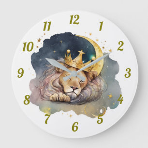 Cute  king Lion Sleeping On The Moon               Large Clock