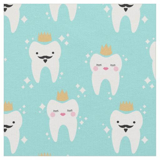 Cute King & Queen Tooth Pattern Turquoise Fabric