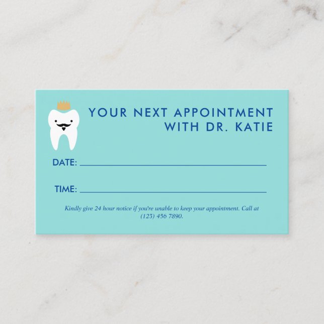 Cute King Tooth Pediatric Dentist Appointment Card (Front)