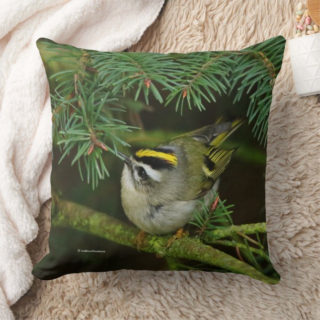 Cute Kinglet Songbird Causes a Stir in the Fir Throw Pillow (Blanket)
