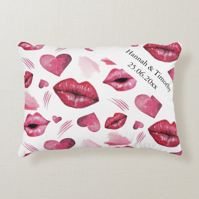 Cute Kisses And Hearts Monogram Watercolor Accent Pillow (Front)