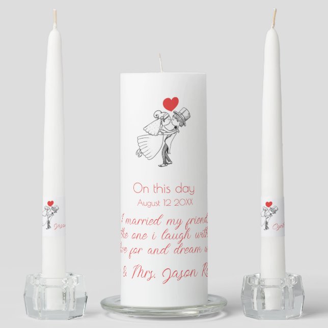 Cute Kissing Bride and Groom with Quote Unity Candle Set (Front)
