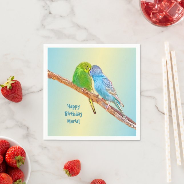 Cute kissing budgies -acrylic on pastel backgroud  napkins (Insitu)