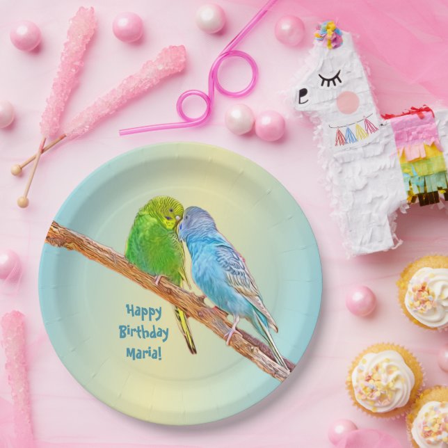 Cute kissing budgies -acrylic on pastel backgroud  paper plates (Party)