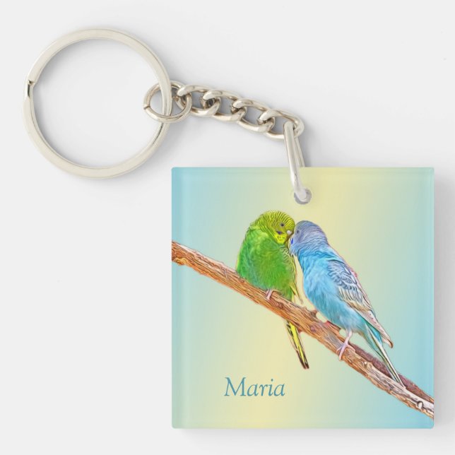Cute kissing budgies -acrylic on pastel background keychain (Front)