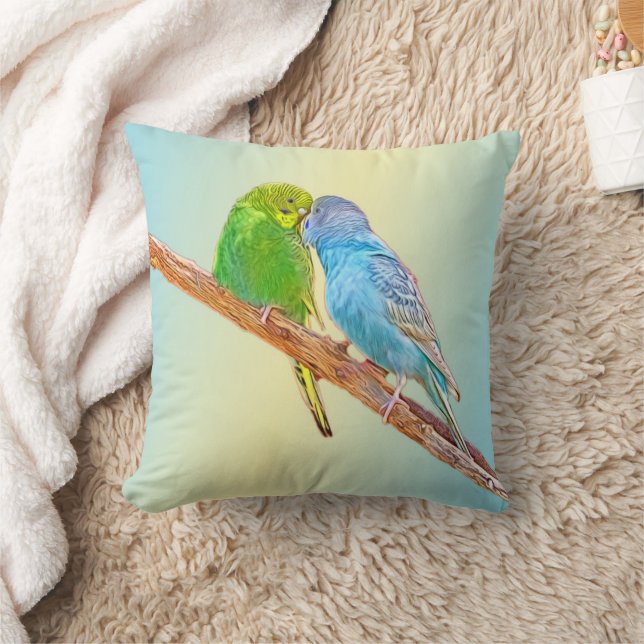 Cute kissing budgies -acrylic on pastel background throw pillow (Blanket)