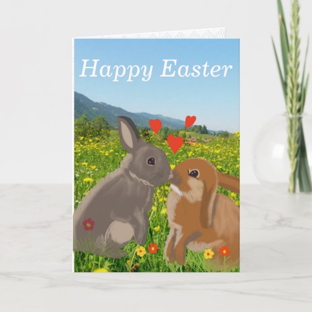 Cute Kissing Bunnies Easter Holiday Card (Front)
