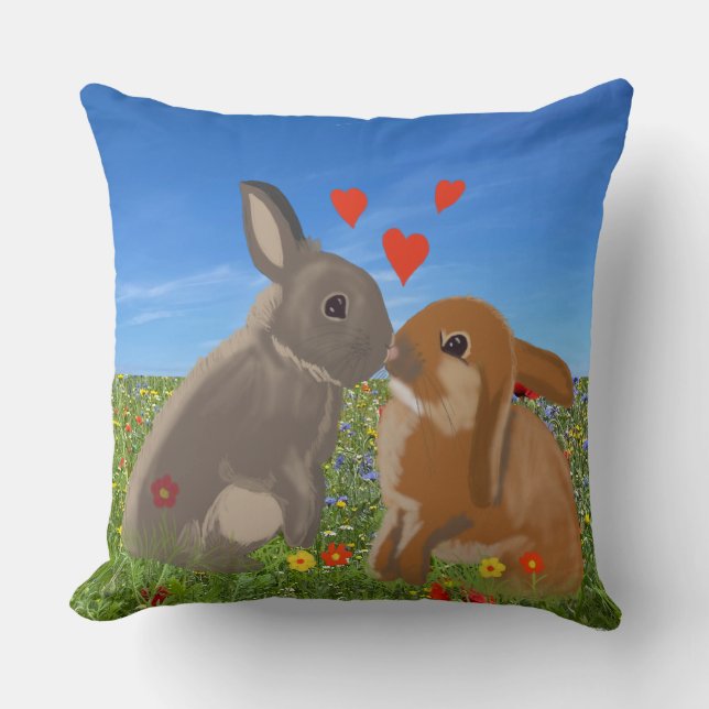 Cute Kissing Bunnies Valentines Throw Pillow (Front)