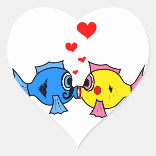 Cute Kissing Fish with Hearts Design Heart Sticker
