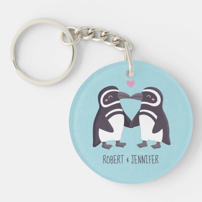 Cute Kissing Penguin Couple in Love Keychain (Front)