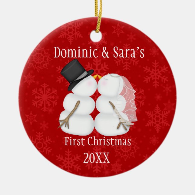 Cute Kissing Snowman First Christmas Ornament (Front)