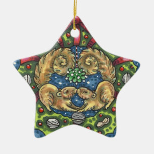 CUTE KISSING SQUIRRELS UNDER MISTLETOE, NUT WREATH CERAMIC ORNAMENT
