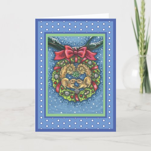 CUTE KISSING SQUIRRELS UNDER MISTLETOE NUT WREATH HOLIDAY CARD