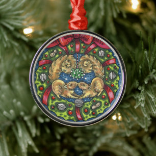 CUTE KISSING SQUIRRELS UNDER MISTLETOE, NUT WREATH METAL ORNAMENT