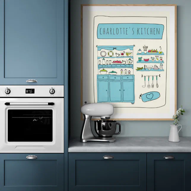 Cute Kitchen Illustration Blue Personalized Name Poster | Zazzle