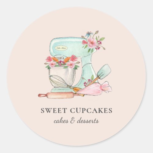 Cute Kitchen mixer with flowers Bakery   Classic Round Sticker