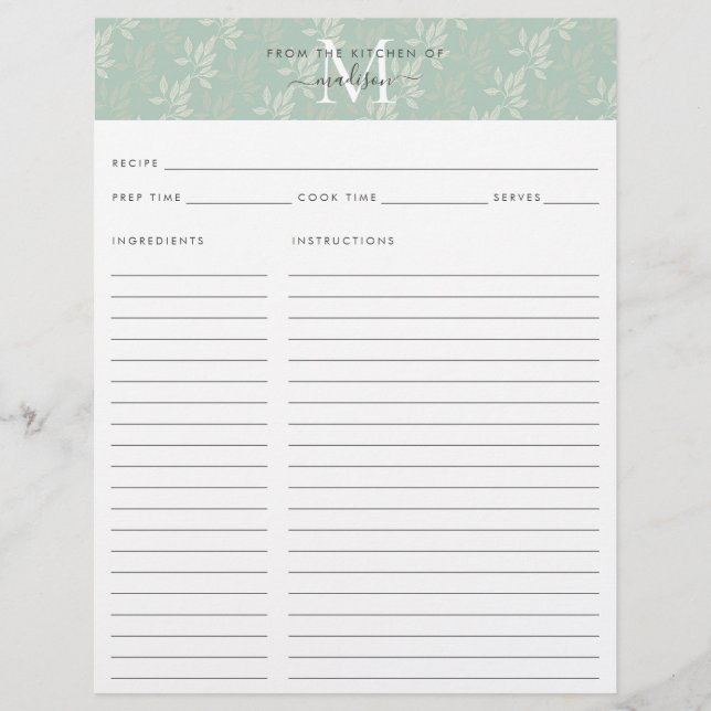 Cute Kitchen Monogram Teal Floral Botanical Recipe (Front)
