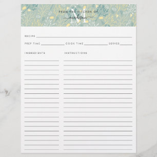 Cute Kitchen Monogram Teal Floral Botanical Recipe