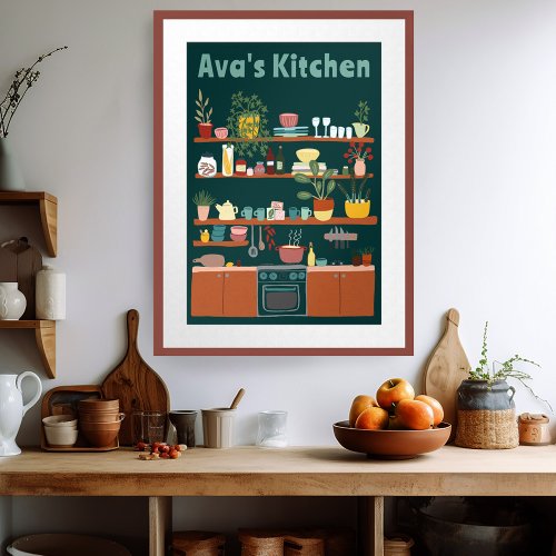 Cute Kitchen Shelves CUSTOM NAME Illustration Art  Poster