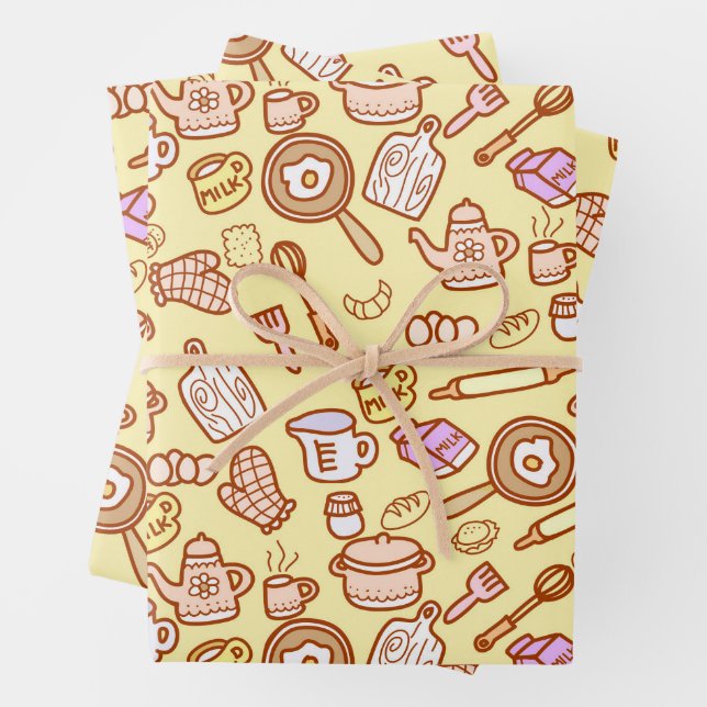 Cute Kitchenware Yellow  Wrapping Paper Sheets (In situ)