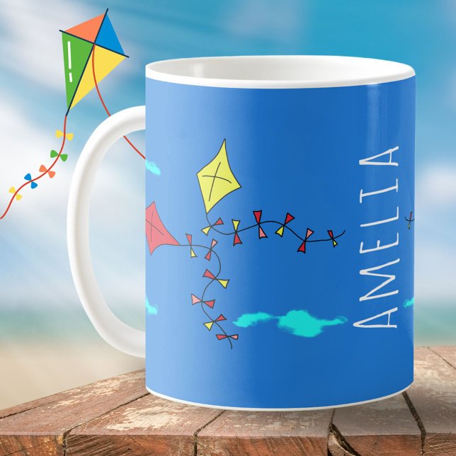 Cute Kite Drawing Cloud Kids Name Coffee Mug (Creator Uploaded)