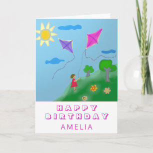 Cute Kites and Girl Drawing Happy Birthday Card