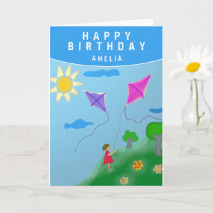 Cute Kites and Girl Drawing Happy Birthday Card