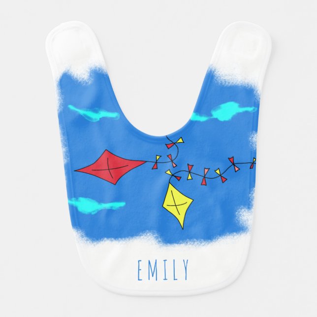 Cute Kites Drawing Baby Name Bib (Front)