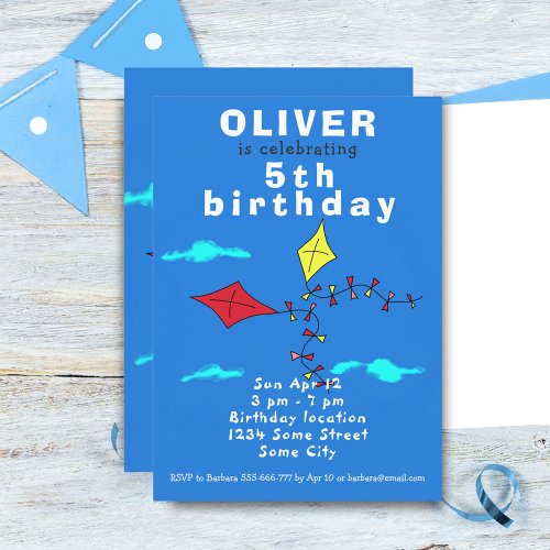 Cute Kites Drawing Blue Kids Birthday Party  Invit Invitation