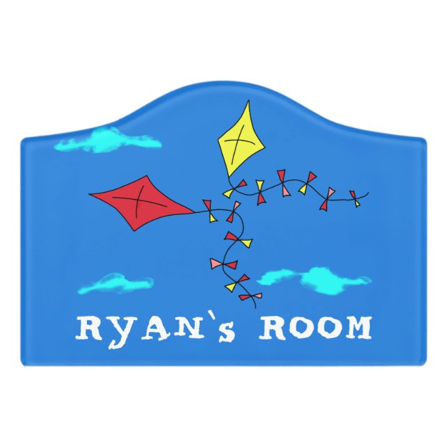 Cute Kites in the Blue Sky Kid`s Name Room Door Sign (Small Crest Front)