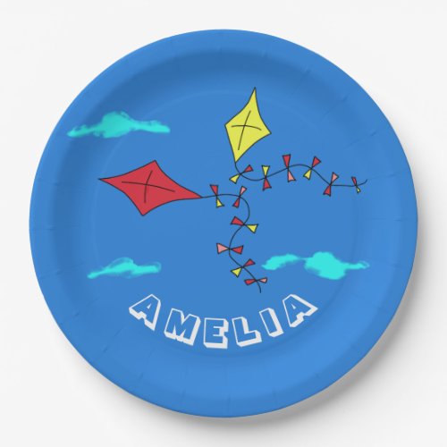 Cute Kites Red Yellow Name Kids Birthday Party Paper Plates