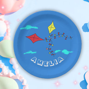 Cute Kites Red Yellow Name Kids Birthday Party Paper Plates