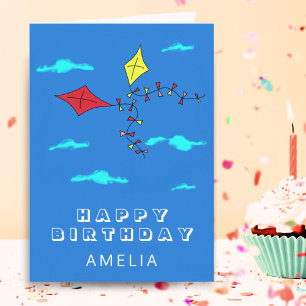 Cute Kites Red Yellow with Name Kids Birthday Card