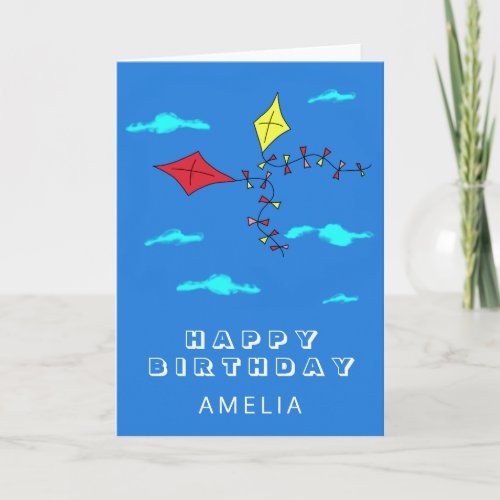 Cute Kites Red Yellow with Name Kids Birthday Card