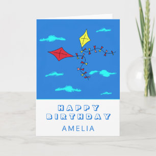 Cute Kites Red Yellow with Name Kids Birthday Card