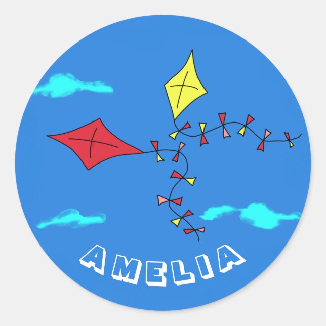 Cute Kites Red Yellow with Name Kids Birthday Classic Round Sticker (Front)