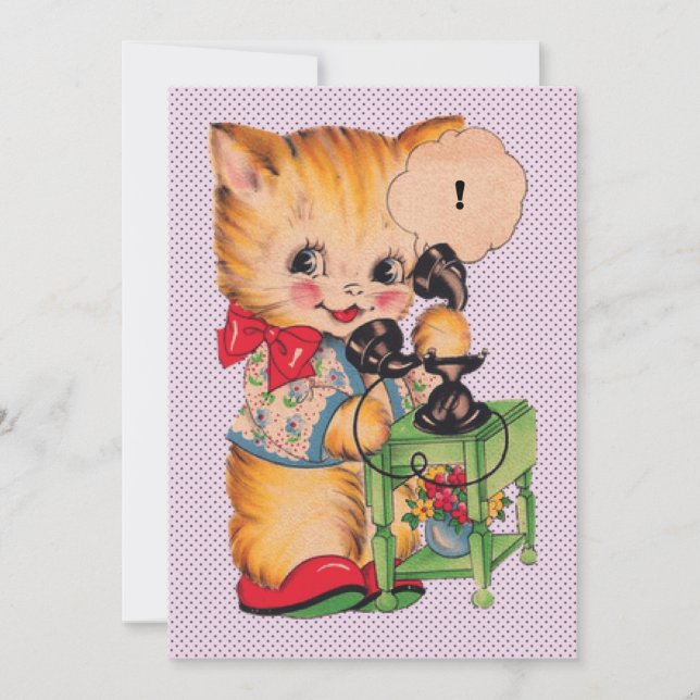 Cute Kitsch Kawaii Cat with Telephone Print Thank You Card (Front)