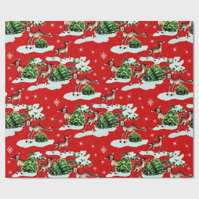 Cute Kitschy Retro Christmas Reindeer Wrapping Paper (Flat)
