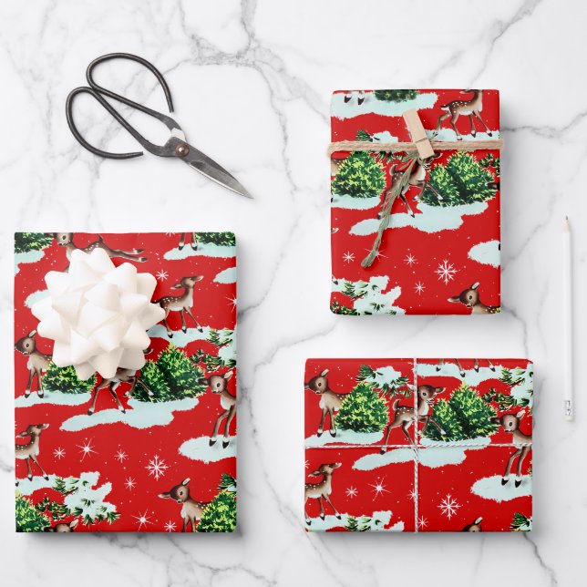 Cute Kitschy Retro Christmas Reindeer Wrapping Paper Sheets (Front)
