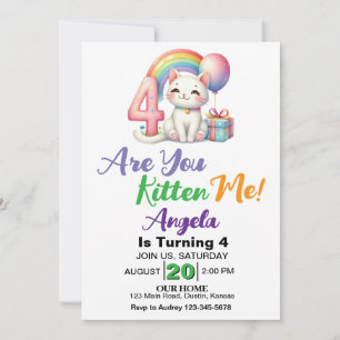 Cute Kitten 4th Birthday Party Invitation