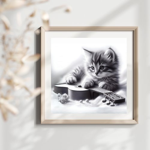 Cute Kitten Acoustic Guitar and Blanket Pencil  Poster